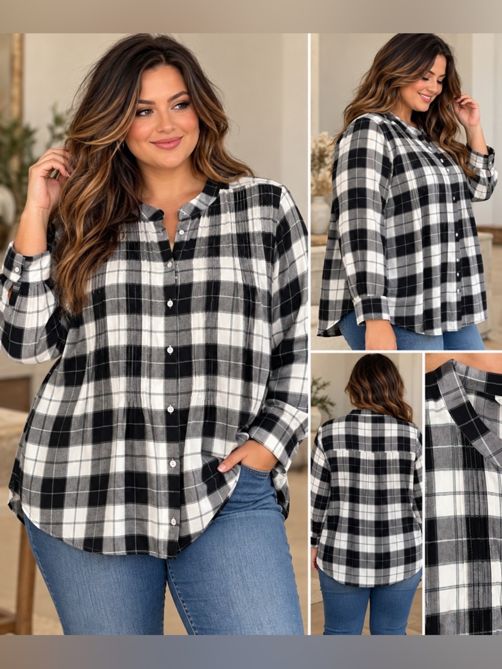 Cato Black & White Plaid Button-Up Blouse – Size 18/20
